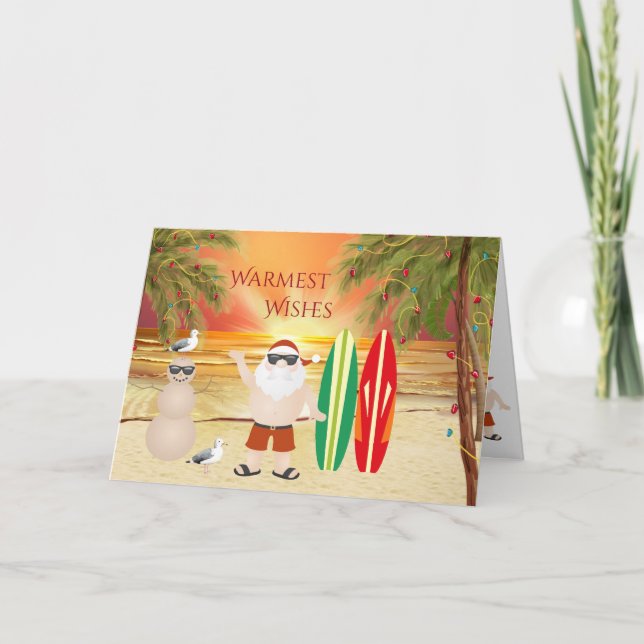 Cute Santa and Surfboards Beach Surfing Christmas Holiday Card (Front)