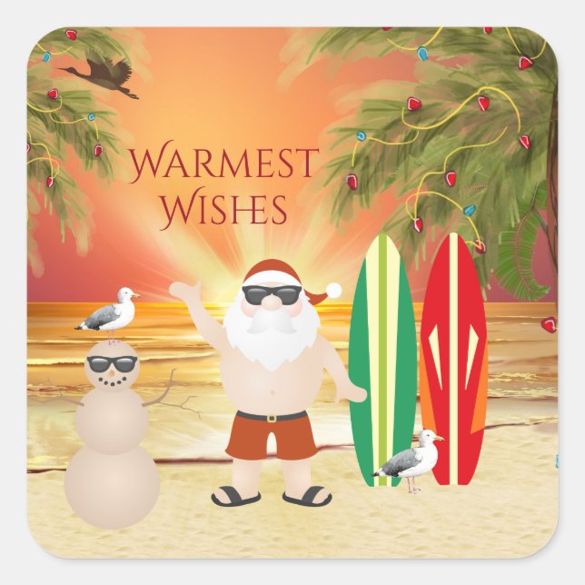 Cute Santa and Surfboards Beach Surfing Christmas Square Sticker (Front)