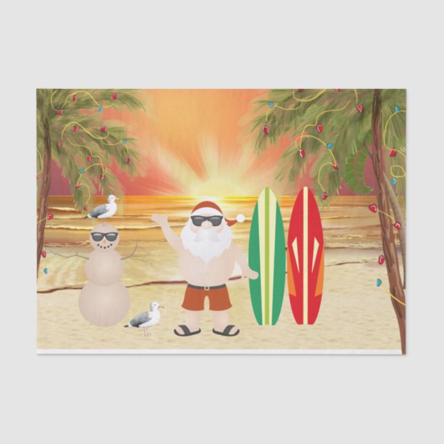 Cute Santa and Surfboards Beach Surfing Christmas Tissue Paper (Front)