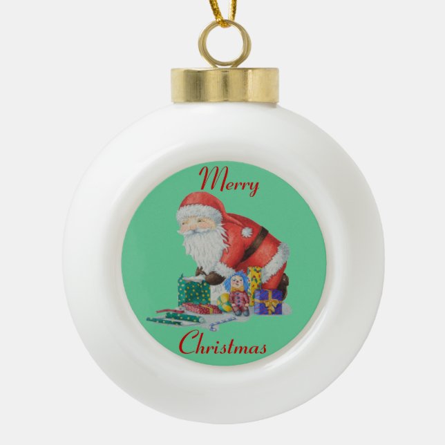Cute santa and toys wrapping Christmas gifts Ceramic Ball Christmas Ornament (Front)