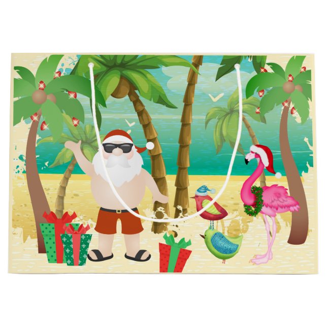 Cute Santa and Tropical Birds Beach Christmas Large Gift Bag (Front)