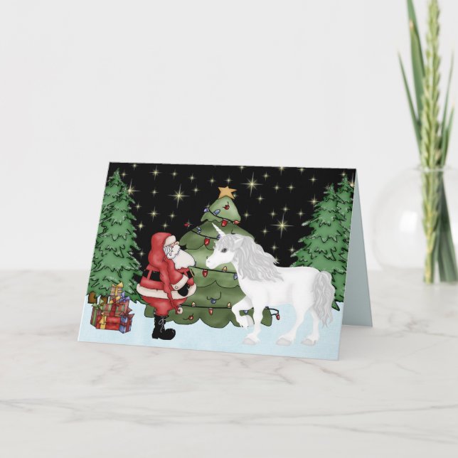 Cute Santa and Unicorn Magical Christmas Holiday Card (Front)
