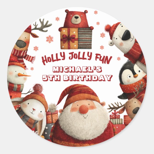 Cute Santa Animals Christmas Kids' Birthday Party Classic Round Sticker (Front)