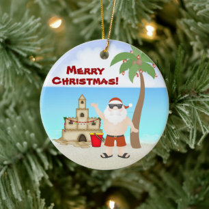 Cute Santa at the Beach Merry Christmas Holiday Ceramic Tree Decoration