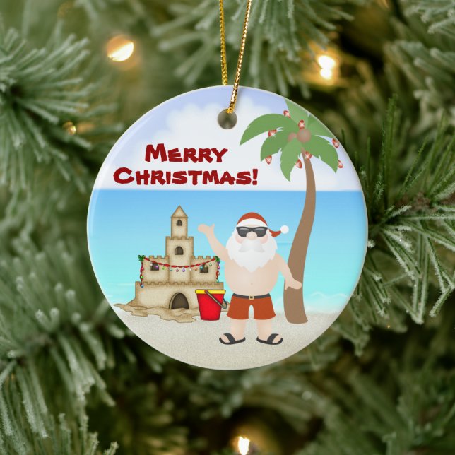 Cute Santa at the Beach Merry Christmas Holiday Ceramic Tree Decoration (Tree)