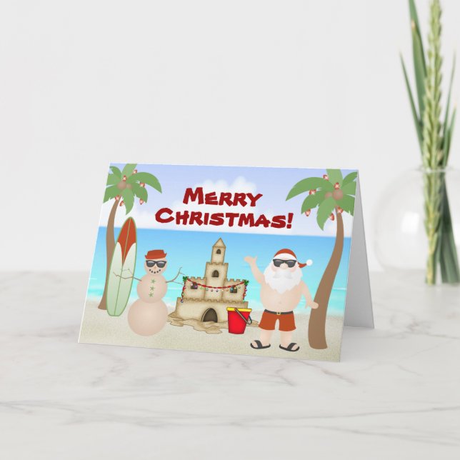 Cute Santa at the Beach Paradise Merry Christmas Holiday Card (Front)