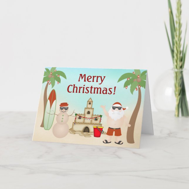 Cute Santa at the Beach Paradise Merry Christmas Holiday Card (Front)