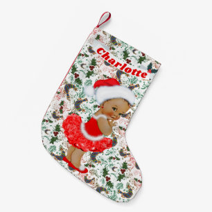 Cute Santa Baby Girl Ethnic Name Red Green Holly Small Christmas Stocking