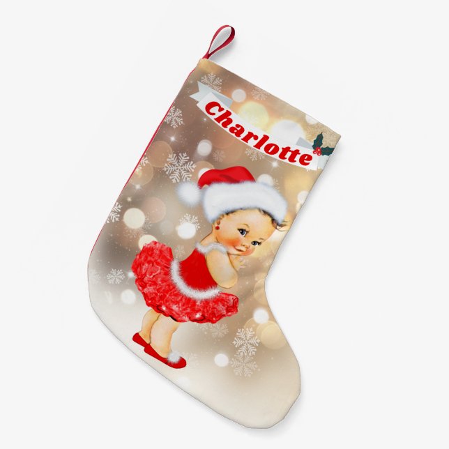 Cute Santa Baby Girl Red Gold Monogram Name Small Christmas Stocking (Front (Hanging))