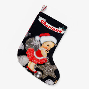 Cute Santa Baby Girl Red Silver Monogram Name Small Christmas Stocking