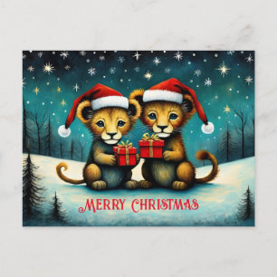 Cute Santa Baby Lion Snowy Winter Christmas Postcard