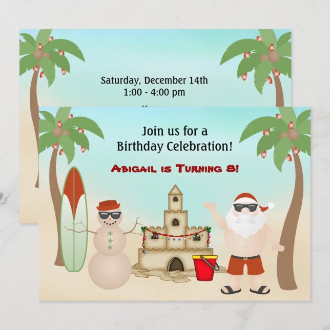 Cute Santa Beach Christmas Holiday Birthday Invitation (Front/Back)