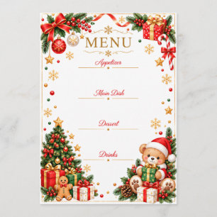 Cute Santa Bear Christmas Menu Card Customizable