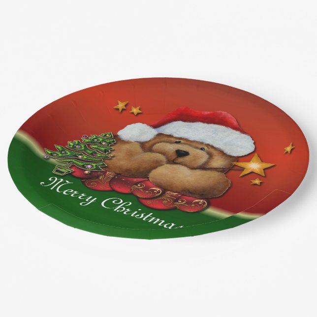 Cute Santa Bear Christmas Paper Plates (Angled)