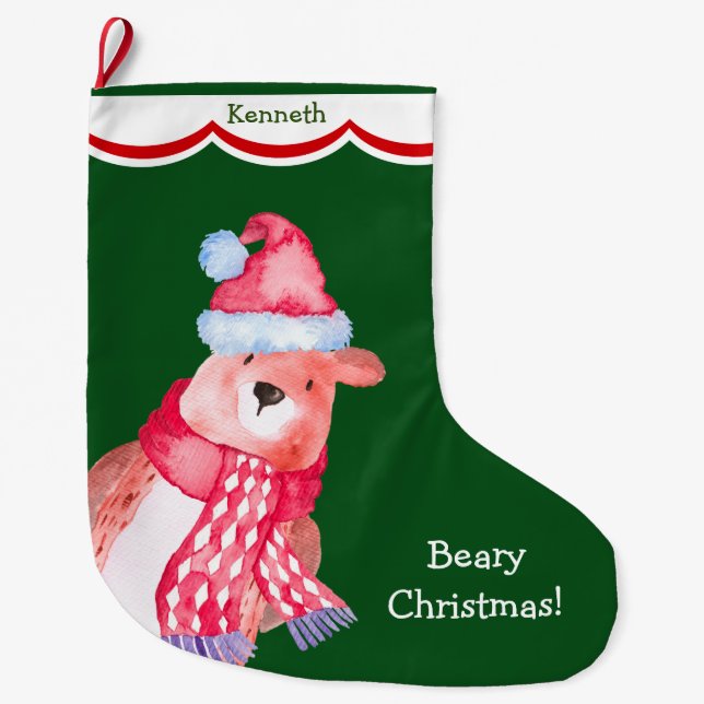 Cute Santa Bear Personalised Large Christmas Stocking (Front)