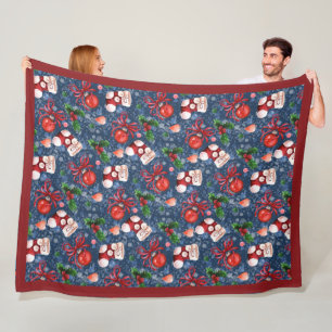 Cute Santa Boots Balls Red Holly Berries Christmas Fleece Blanket