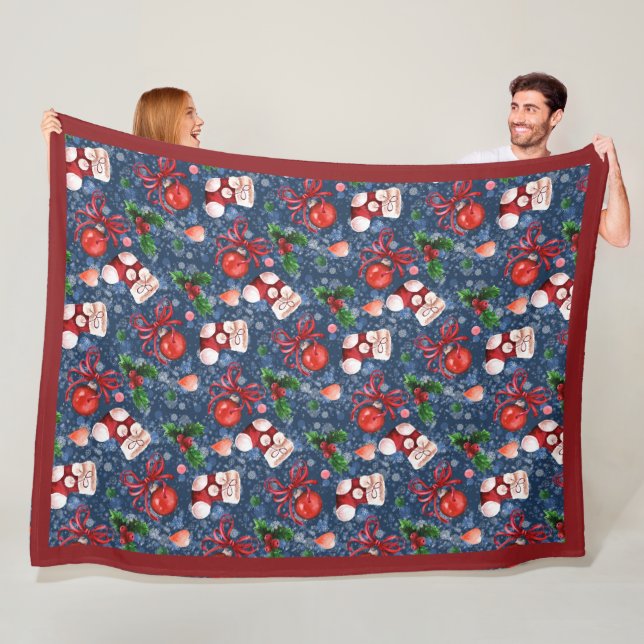 Cute Santa Boots Balls Red Holly Berries Christmas Fleece Blanket (In Situ)