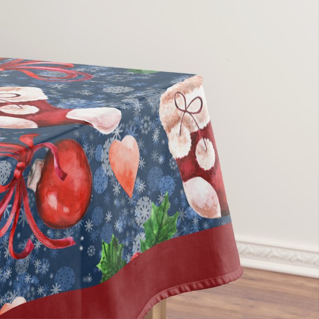 Cute Santa Boots Balls Red Holly Berries Christmas Tablecloth (In Situ)