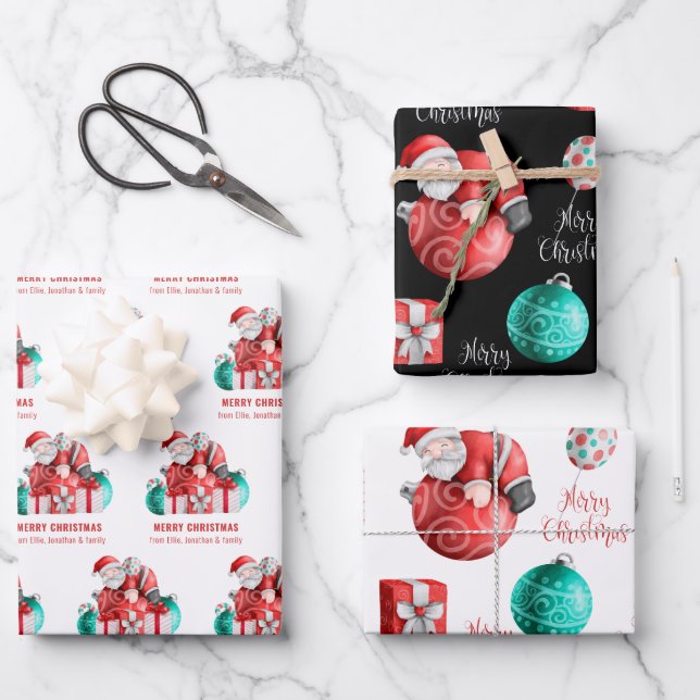 Cute Santa Cartoon Pattern Name Merry Christmas Wrapping Paper Sheet (Front)
