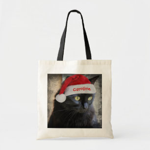 Cute Santa Cat Christmas Gift Bag, Personalized Tote Bag