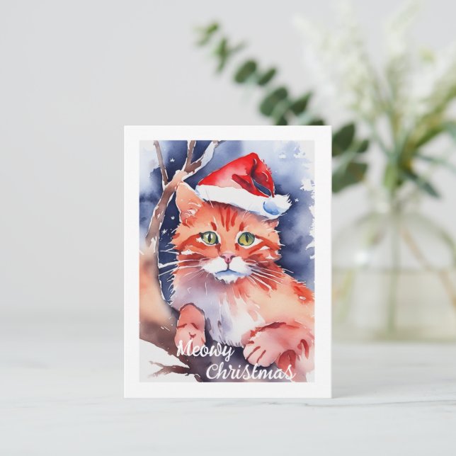 Cute Santa Cat Custom Holiday Christmas Card (Standing Front)