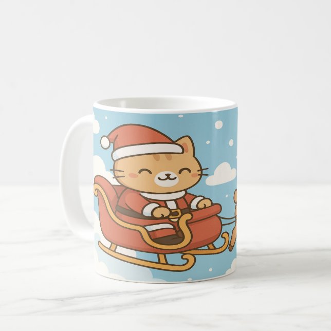 Cute Santa Cat Flying Sleigh Christmas Mug (Front Left)
