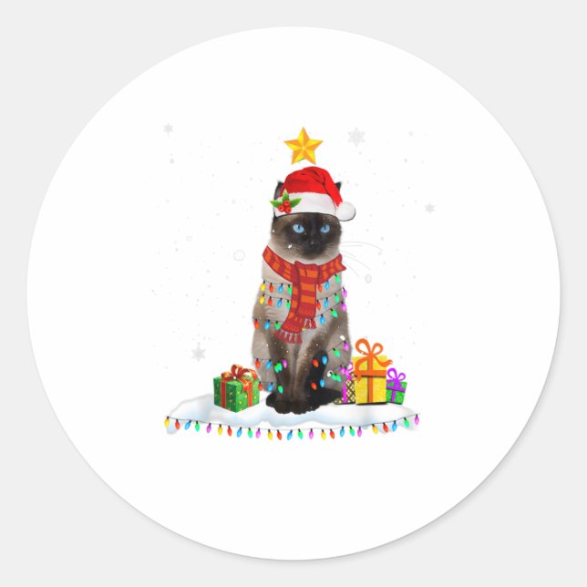 Cute Santa Cat Lights Christmas Funny C Classic Round Sticker (Front)
