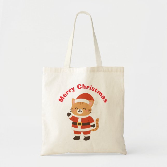 Cute Santa Cat "Merry Christmas" Tote Bag (Front)