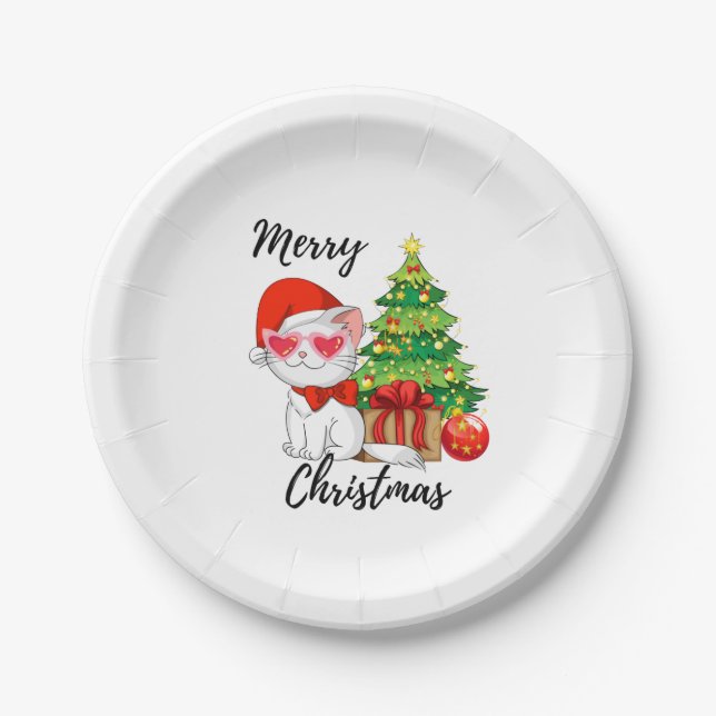 Cute Santa Cat Merry Christmas Tree Paper Plate (Front)