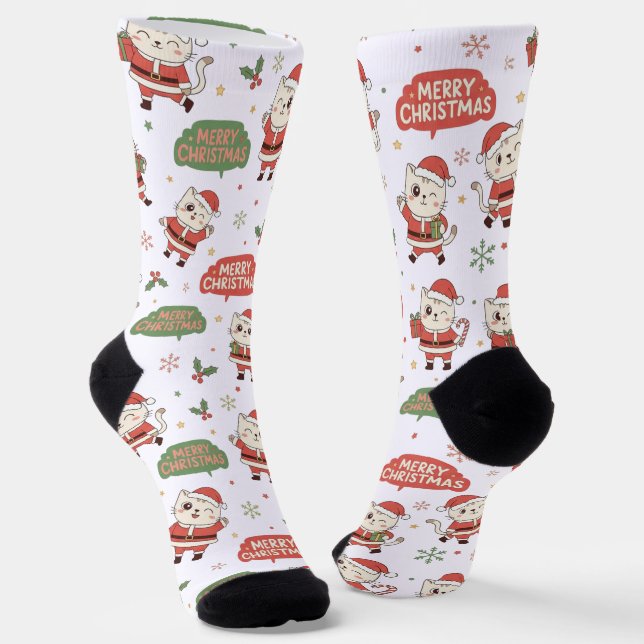 Cute Santa Cat Pattern "Merry Christmas" Holiday  Socks (Angled)