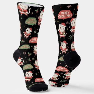 Cute Santa Cat Pattern "Merry Christmas" Holiday  Socks