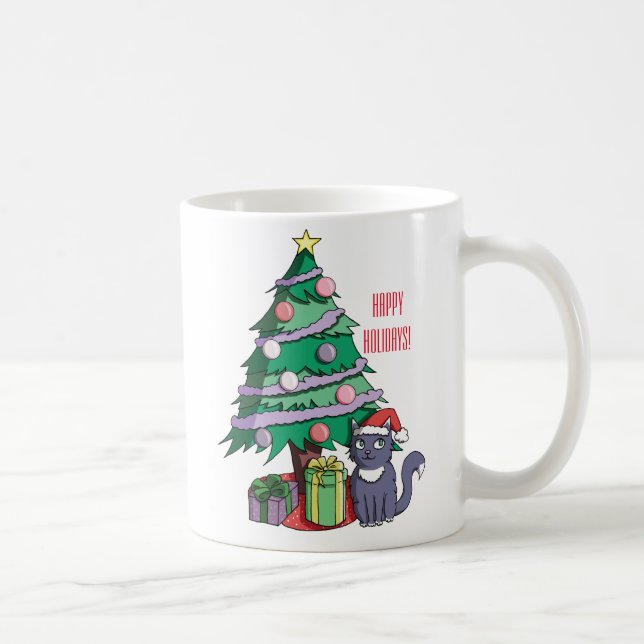 Cute Santa Cat Under a Christmas Tree Illustration Coffee Mug (Right)