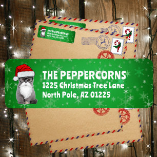 Cute Santa Christmas Cat Green Return Address