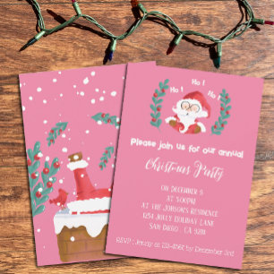 Cute Santa Christmas Party Pink Invitations