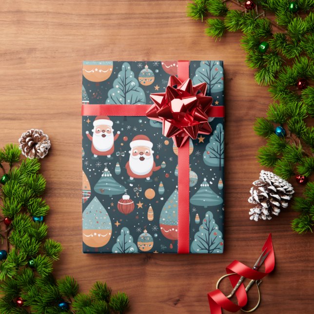 Cute Santa Christmas Tree Ornament Ribbon Snow Wrapping Paper (Holiday Gift)