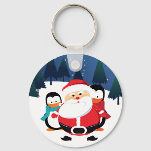 Cute Santa Claus And Penguin In Winter Scene Key Ring