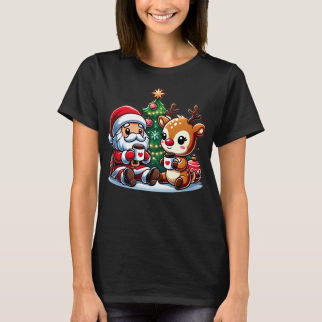 Cute Santa Claus And Red Nose Reindeer Drinking T- T-Shirt (Front)