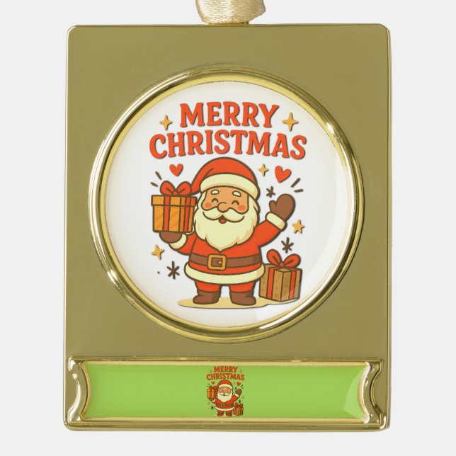  Cute Santa Claus Christmas Art –  Merry Christmas Gold Plated Banner Ornament (Front)