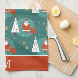 Cute Santa Claus Christmas Tree Pattern Monogram Tea Towel