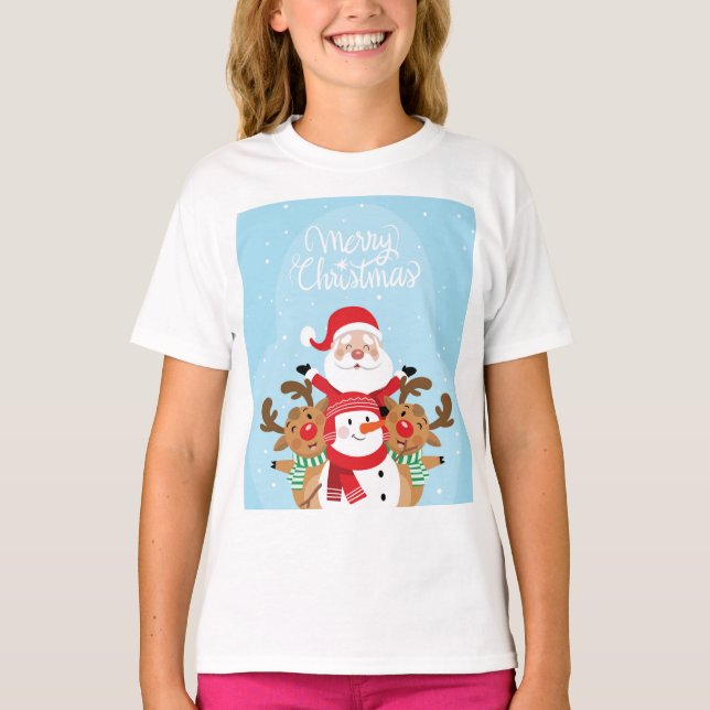 Cute Santa Claus, deer and snowman T-Shirt (Front)