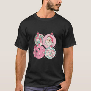 Cute Santa Claus Face Pink Groovy Christmas Balls T-Shirt