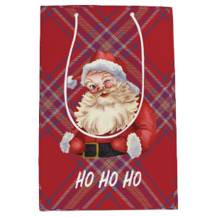 Cute Santa Claus Ho ho ho Red plaid Scottish Medium Gift Bag