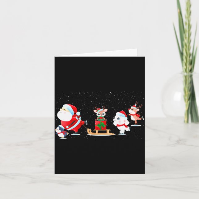 Cute Santa Claus Ice Skating With Friends - Family Card (Front)