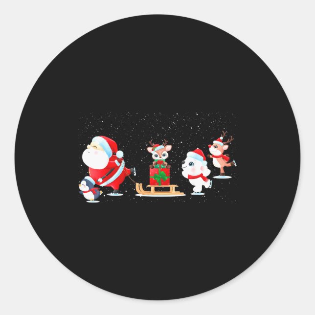 Cute Santa Claus Ice Skating With Friends - Family Classic Round Sticker (Front)
