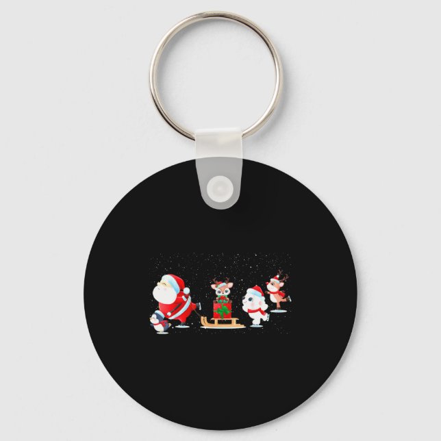 Cute Santa Claus Ice Skating With Friends - Family Key Ring (Front)