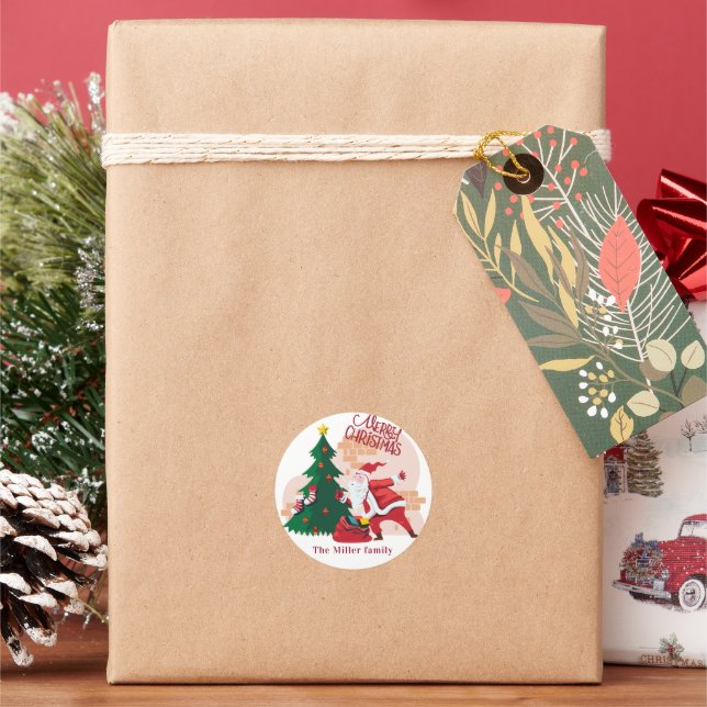 cute santa claus merry christmas monogram classic round sticker (Holiday)