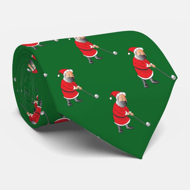 Cute Santa Claus Playing Golf Green Holiday Tie (Rolled)