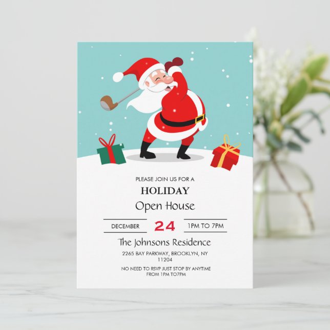 Cute Santa Claus plays golf illustration.          Invitation (Standing Front)