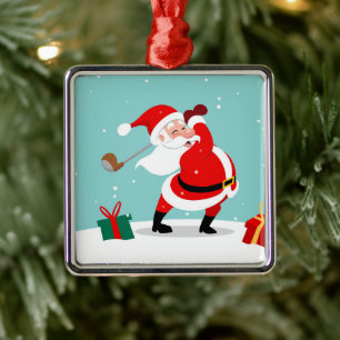 Cute Santa Claus plays golf illustration Metal Tree Decoration