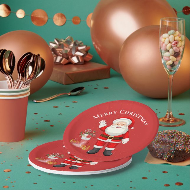 Cute Santa Claus Red Berries Red Christmas Party Paper Plate (Multi)